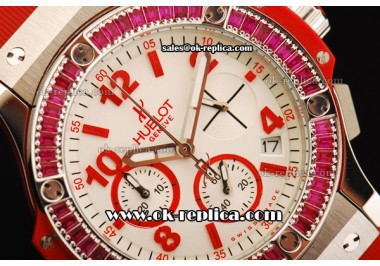 Hublot Big Bang Chronograph Swiss Quartz Movement Pink Diamond Bezel with Red Markers and Red Rubber Strap-Lady Model