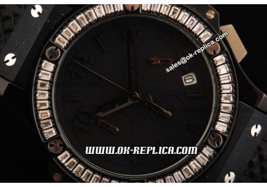 Hublot Big Bang Chronograph Swiss Quartz Movement PVD Case with White Diamond Bezel and Black Rubber Strap-Lady Model