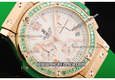 Hublot Big Bang Chronograph Swiss Quartz Movement Rose Gold Case with Green Diamond Bezel and Green Rubber Strap-Lady Model