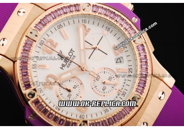 Hublot Big Bang Chronograph Swiss Quartz Movement Rose Gold Case with Purple Diamond Bezel and Purple Rubber Strap-Lady Model