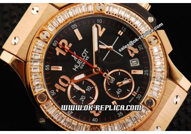 Hublot Big Bang Chronograph Swiss Quartz Movement Rose Gold Case with White Diamond Bezel and Black Rubber Strap-Lady Model