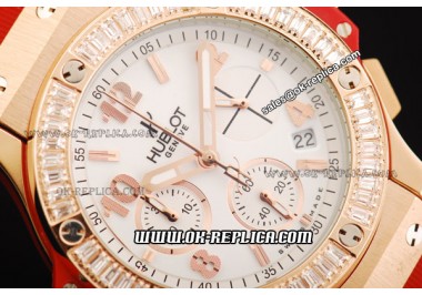 Hublot Big Bang Chronograph Swiss Quartz Movement Rose Gold Case with White Diamond Bezel and Red Rubber Strap-Lady Model