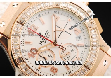 Hublot Big Bang Chronograph Swiss Quartz Movement Rose Gold Case with White Diamond Bezel and White Rubber Strap-Lady Model