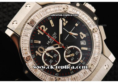 Hublot Big Bang Chronograph Swiss Quartz Movement White Diamond Bezel with Black Dial and Black Rubber Strap-Lady Model