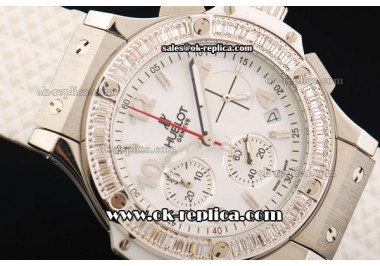 Hublot Big Bang Chronograph Swiss Quartz Movement White Diamond Bezel with White Dial and White Rubber Strap-Lady Model