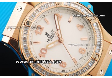 Hublot Big Bang Diamond Bezel Swiss Quartz Movement Rose Gold Case with White Dial and Blue Rubber Strap