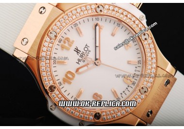 Hublot Big Bang Diamond Bezel Swiss Quartz Movement Rose Gold Case with White Dial and Numeral/Stick Markers-Lady Size