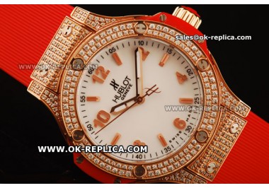 Hublot Big Bang Lady Swiss Quartz Movement Rose Gold/Diamond Case with White Dial and Red Rubber Strap - Rose Gold Markers