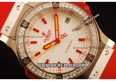 Hublot Big Bang Miyota Automatic Steel Case with White Dial and Red Rubber Bracelet-Lady Model