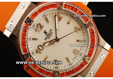 Hublot Big Bang Orange Diamond Bezel Swiss Quartz Movement Steel Case with White Dial and Orange Rubber Strap