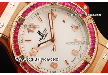 Hublot Big Bang Pink Diamond Bezel Swiss Quartz Movement Rose Gold Case with White Dial and Red Rubber Strap