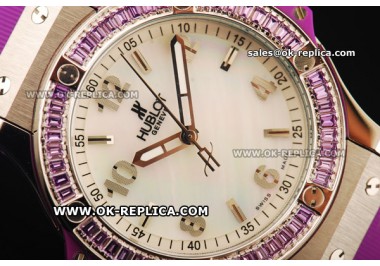 Hublot Big Bang Purple Diamond Bezel Swiss Quartz Movement Steel Case with White Dial and Purple Rubber Strap