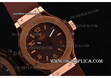 Hublot Big Bang Swiss ETA Quartz Rose Gold Case with Brown Carbon Fiber Dial and Brown Rubber Strap - Stick/Numeral Markers