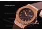 Hublot Big Bang Swiss ETA Quartz Rose Gold Case with Brown Carbon Fiber Dial and Brown Rubber Strap - Stick/Numeral Markers