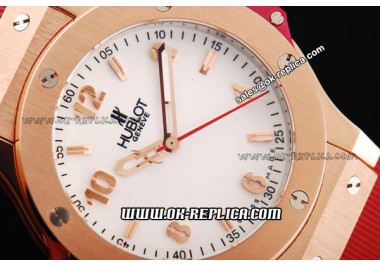 Hublot Big Bang Swiss Quartz Movement Rose Gold Case/Bezel with White Dial Rose Gold Markers-Red Rubber Strap