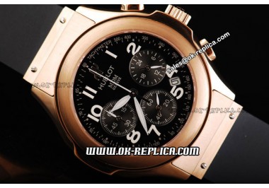 Hublot MDM Chronograph Miyota Quartz Movement Rose Gold Case with Black Dial-White Numeral Markers and Black Rubber Strap-Lady Size