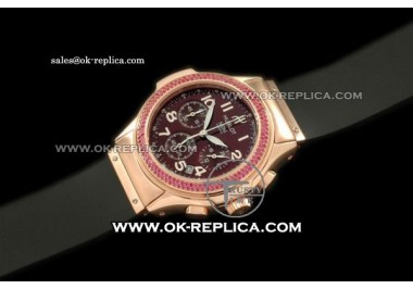 Hublot MDM Chronograph Swiss Quartz Movement Rose Gold Case with Pink Diamond Bezel and Brown Dial - Black Rubber Strap