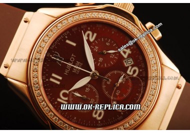 Hublot MDM Ladies Chronograph Swiss ETA Quartz Rose Gold Case with Diamond Bezel and Brown Rubber Strap - Brown Dial