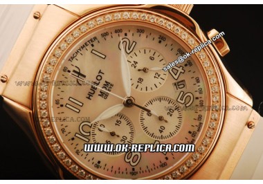 Hublot MDM Ladies Chronograph Swiss ETA Quartz Rose Gold Case with Diamond Bezel and White Rubber Strap - White MOP Dial