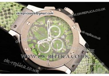 Hublot Big Bang Boa Bang Chrono Miyota OS20 Quartz Steel Case with Green Dail Diamond/Stick/Arabic Markers and Brown Boa Leather Strap