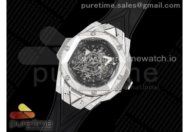 Big Bang Sang Bleu II Chrono SS Diamonds HRF Best Edition Black Dial on Black Gummy Strap A7750