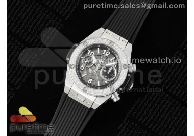 Hublot Big Bang Unico Titanium Diamonds Bezel ZF 1:1 Best Edition Skeleton Dial on Black Rubber Strap A1280